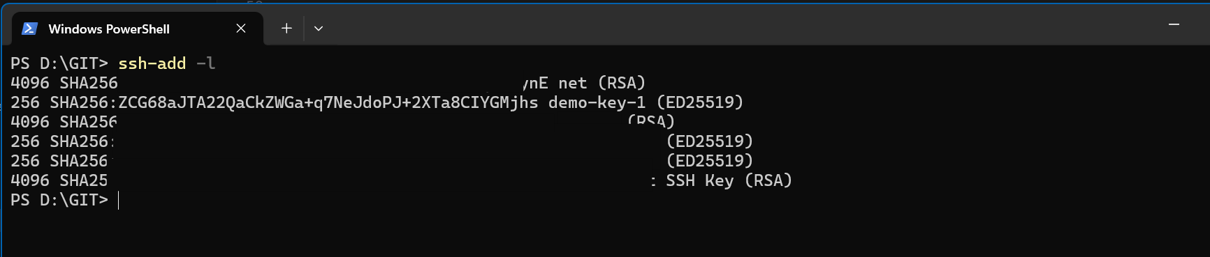 Showing the keys in ssh-add